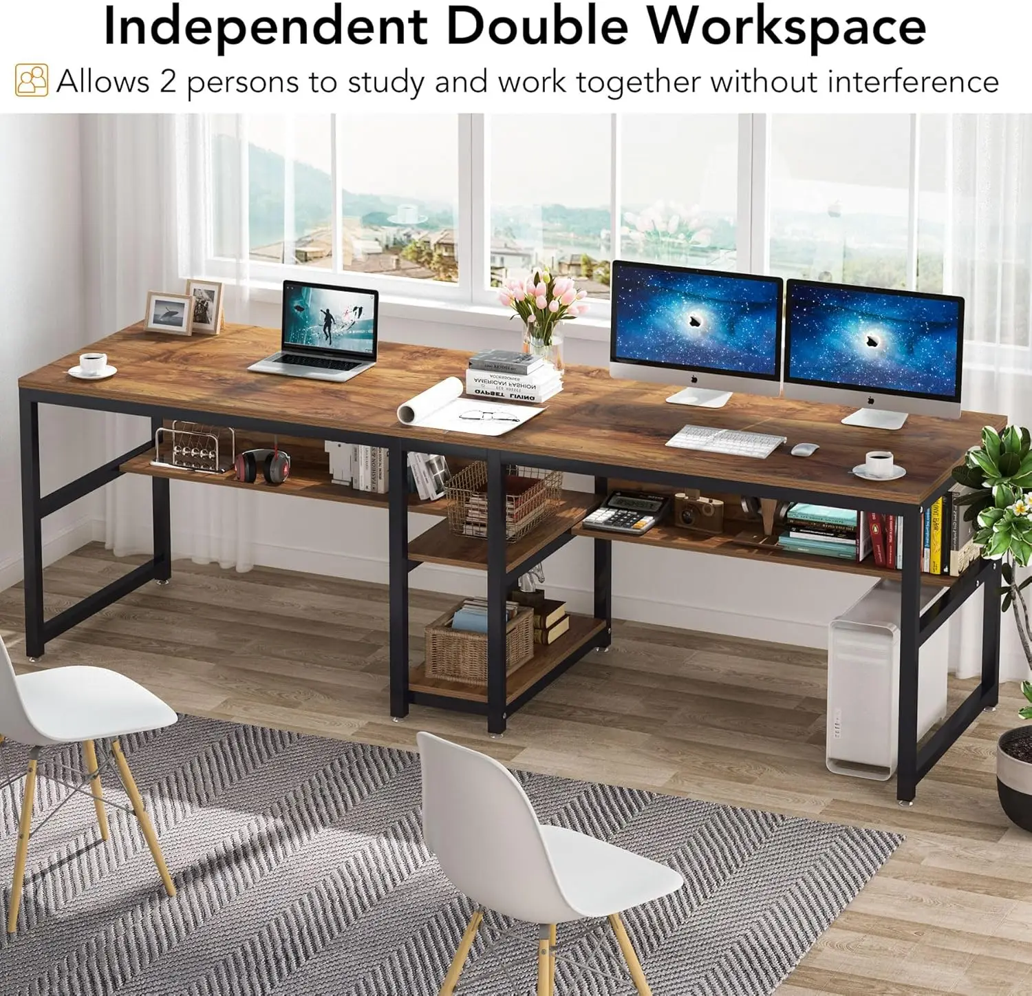 Two Person Desk with Bookshelf 78.7 Computer Office Double Desk for Two Person Rustic Writing Desk Workstation with Shelf