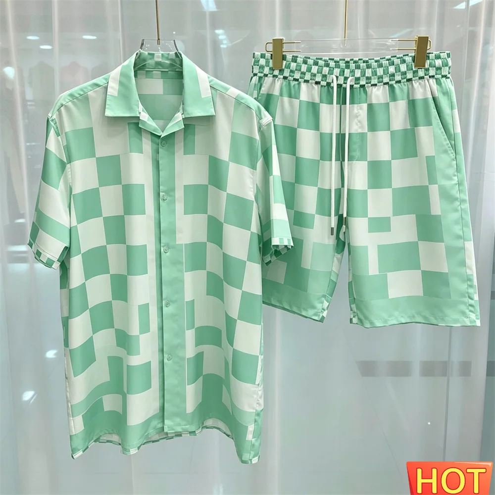 Grid Men's Shirt Set Summer men casual two-piece set breathable 2 piece set Shirt shorts men' outfit two piece set Home Clothing