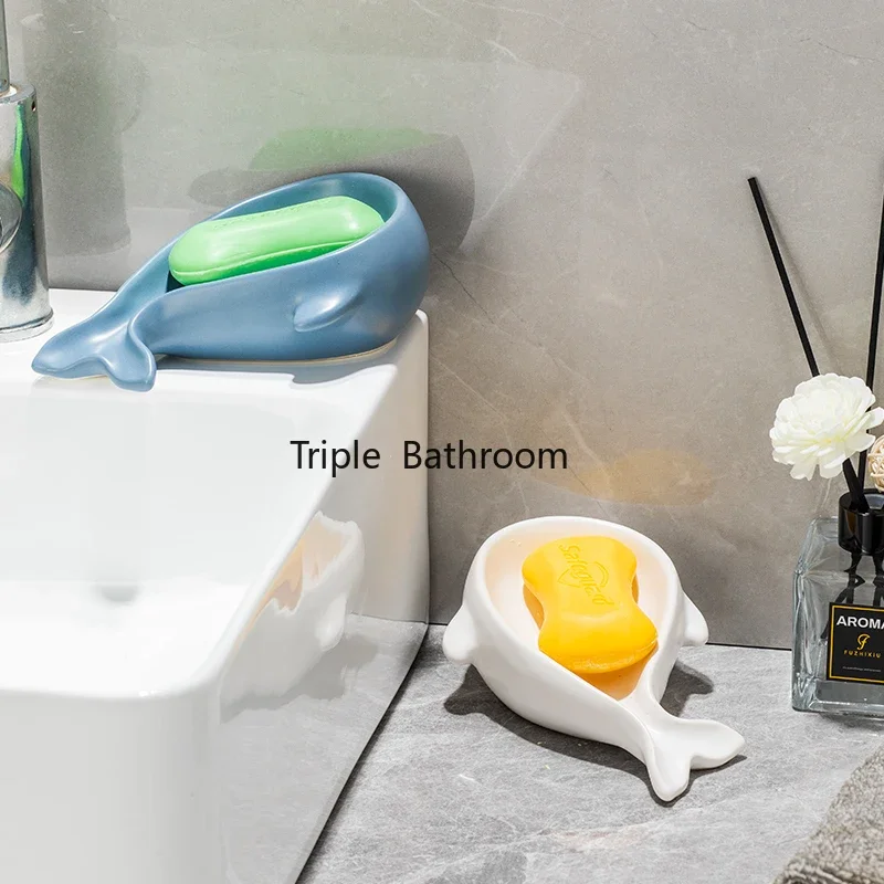 1pc Ceramic Whale Soap Dish Ceramic Drainage Soap Box Bathroom Storage Soap Holder Household Products Bathroom Accessories