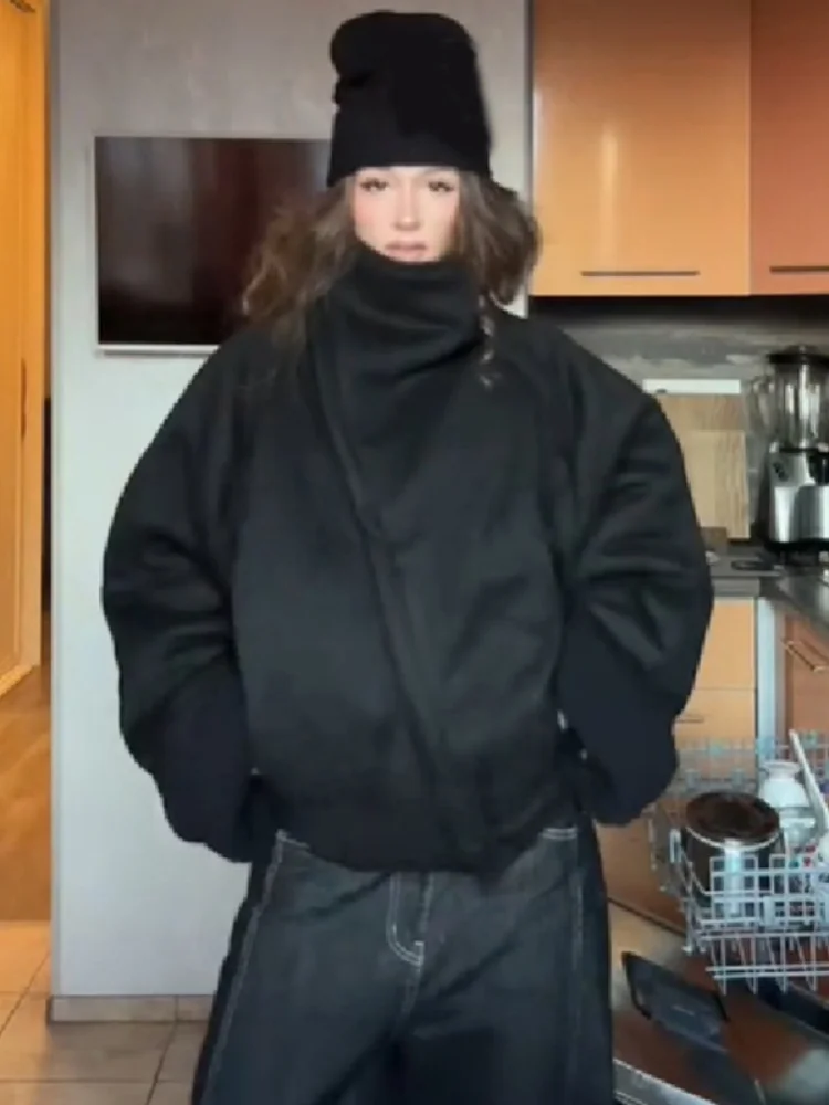 Women Oversized Wrap High Neck Wool Blend Cropped Coat Loose Long Sleeve Solid Black Short Jacket Commuter Streetwear Outerwear
