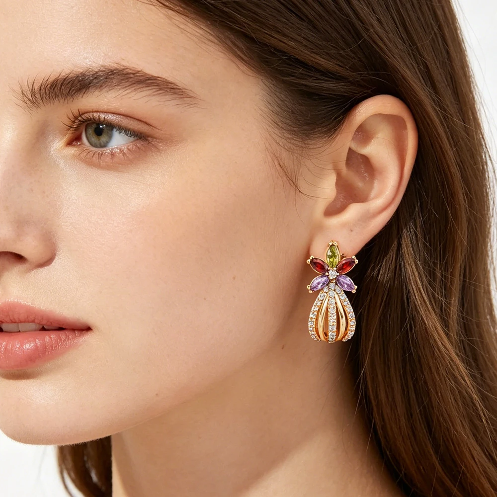 Fashion Flower Earrings  Diamond-Encrusted Net-Like Lantern-Shaped Colored Diamond Ear Studs Elegant / Stylish Jewelry For Girls