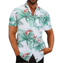 Camisa masculina de verão respirável com estampa de plantas havaiana à beira-mar confortável camisa de manga curta masculina elegante camisa de lapela impressa