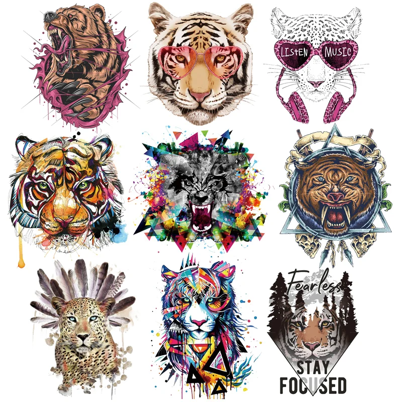 Punk Colourful Animal Heat Transfer Clothing Patch T Shirt DIY Scary Tiger Leopard Iron-On Transfers Thermal Stickers Applique