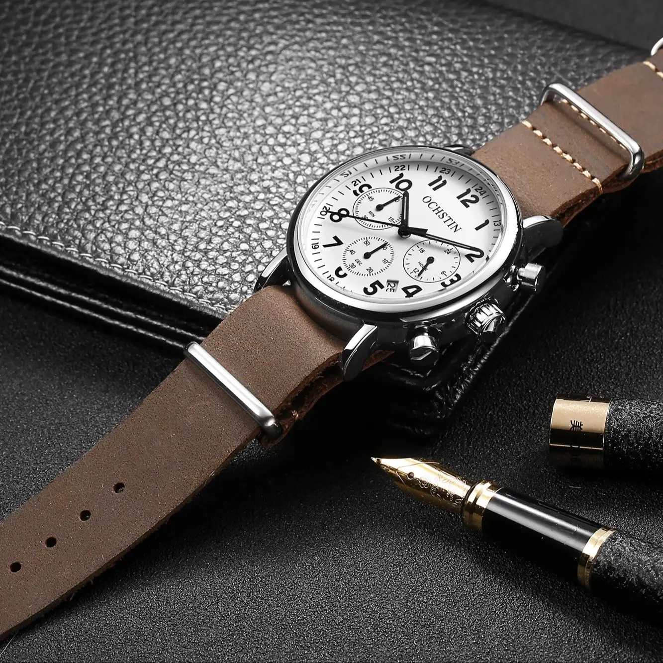 OCHSTIN 39mm Pilot Mens Watches Top Brand Luxury Number Scale Leather Luminous Quartz Men WristWatch Vintage Chronograph Clock