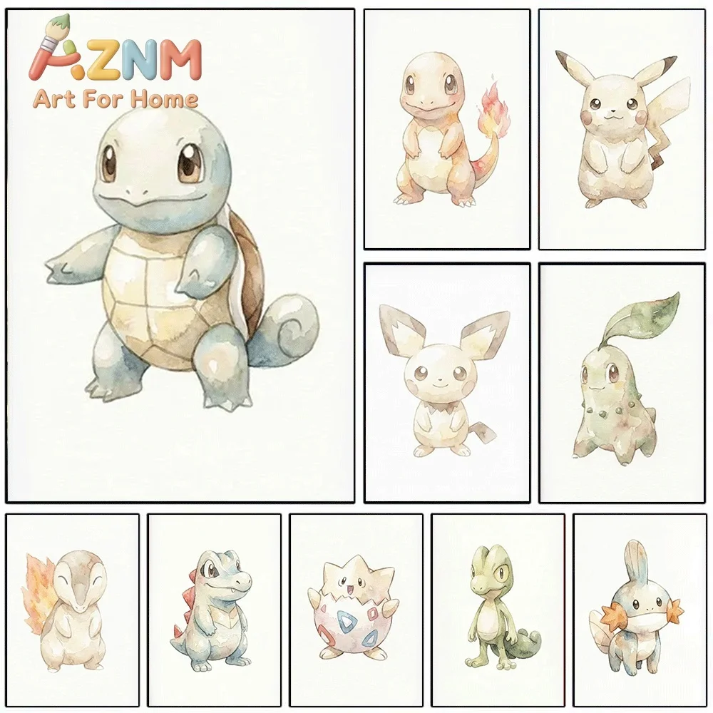 2D Flat Posters & Prints,Squirtle Watercolor Style Canvas Wall Art,2D Flat Frameless Anime Monster Print,Home Decor for Kids B
