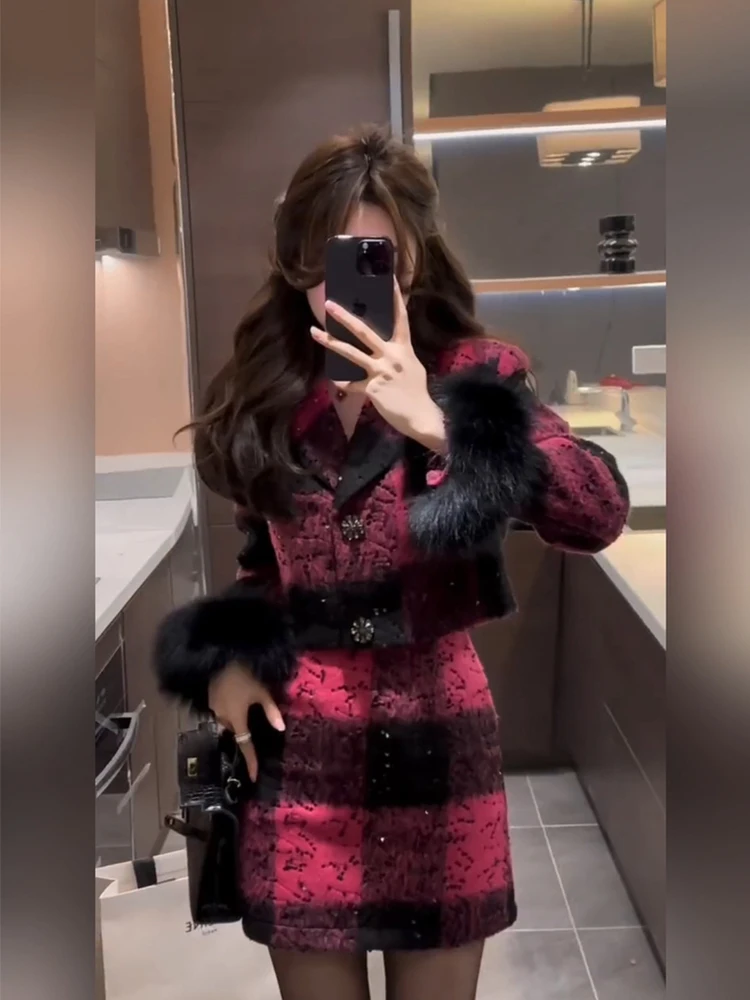 

plus Size Autumn Winter Plaid Woolen ort Coat Women's Fitted Skirt Set High Waist Korean Sle Commute Faion Ensemble