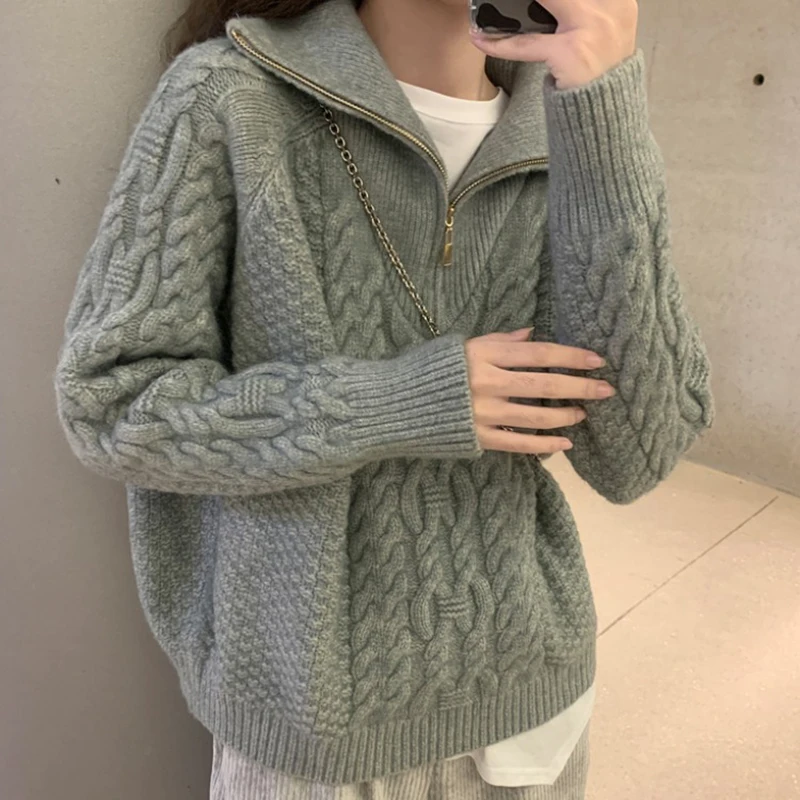 

Vintage Fried Dough Twists Soft Lazy Style Loose Half Zipper High Collar Pullover Women Casual Fashion Versatile Sweater