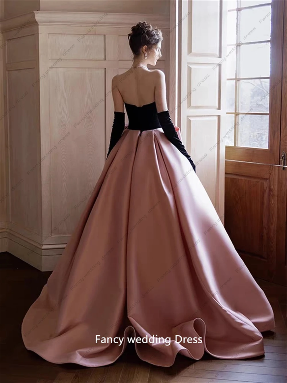 Fancy Pink Evening Dresses A-line Strapless Black Gloves Bow Silk Ribbon Formal Party Prom Princess Quinceanera Gowns customized