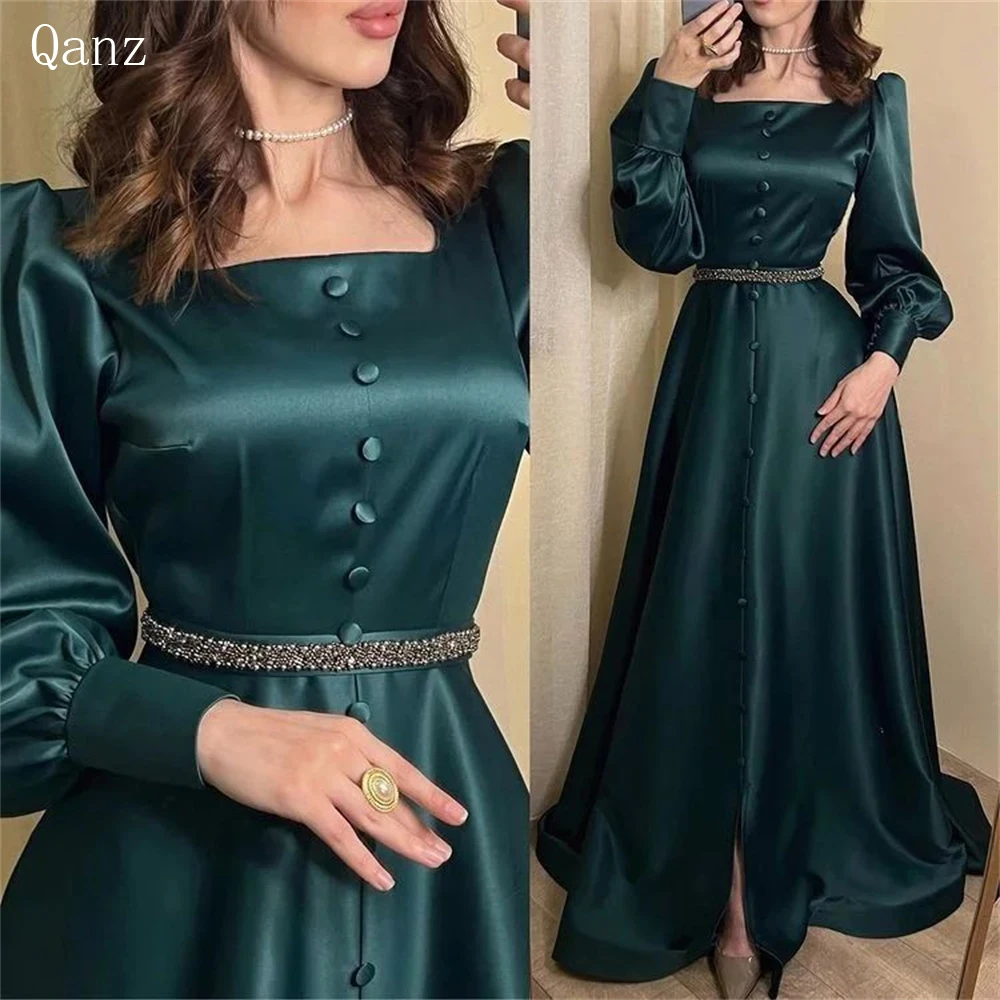 Qanz Donkergroene Satijnen Avondjurken Vintage Lange Mouwen A Line Knopen Split Vestidos Para Mujer Gala Formele Gelegenheid Jurken