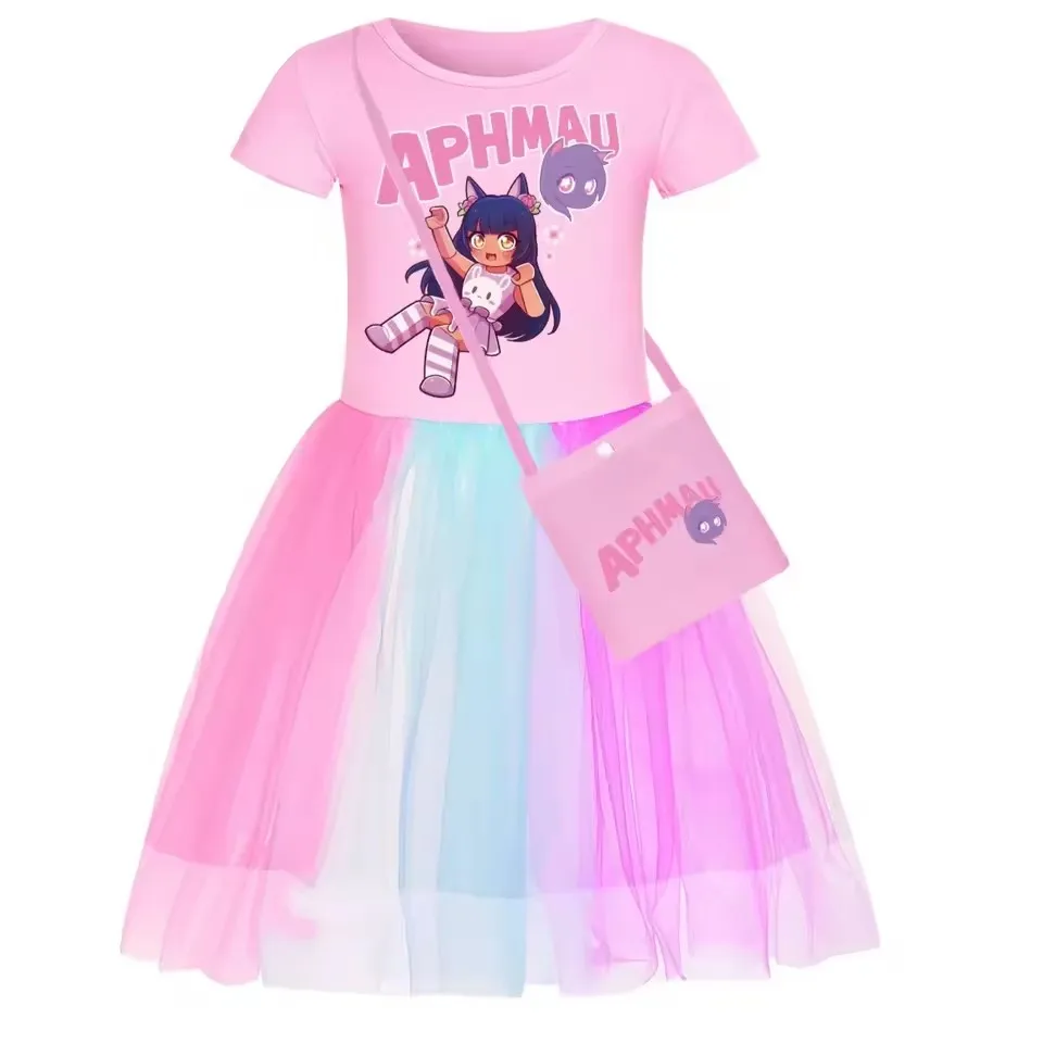 Cute APHMAU Dress Summer Kids Short Sleeve Skirt Baby Girls Lace Pleated Princess Vestidos Children Evening Dresses & Little Bag