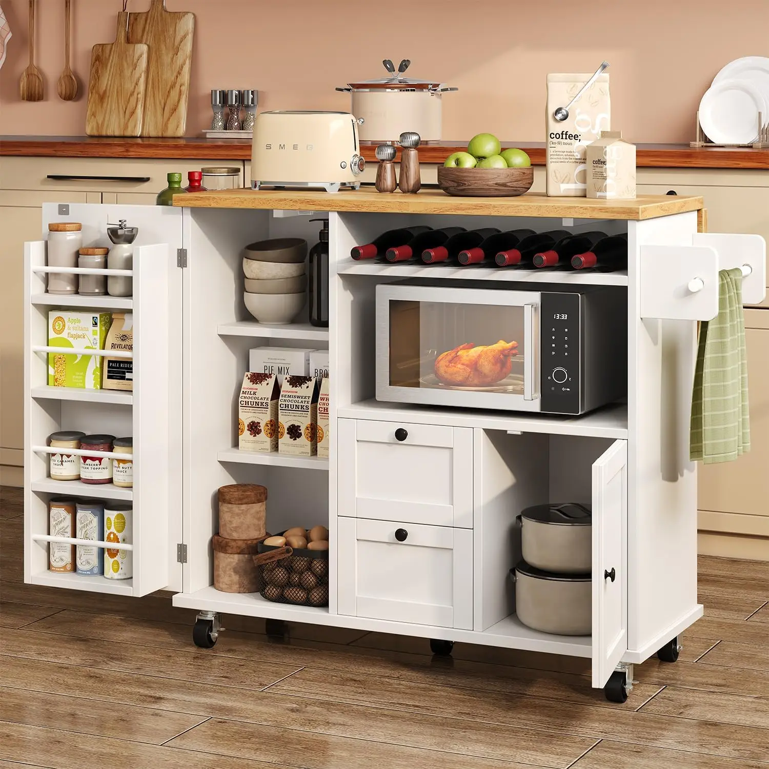 Rolling Kitchen Island with Storage Cabinet, 41.3'' Width Kitchen Cart with Desktop Drop Leaf Countertop, Portable Mobile