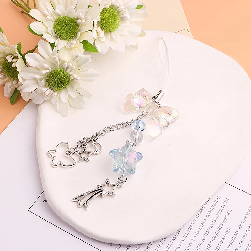 Sweet Bowknot Phone Chain Star Beads Pendant Charm Alloy Butterfly Earphone Case Hanging Rope Lanyard Strap Bag Decor