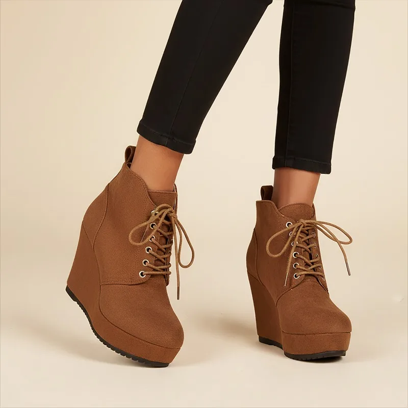 

Strappy Wedge Booties Fashion Round Toe Suede Platform Anti-Slip Wear-Resistant Pumps