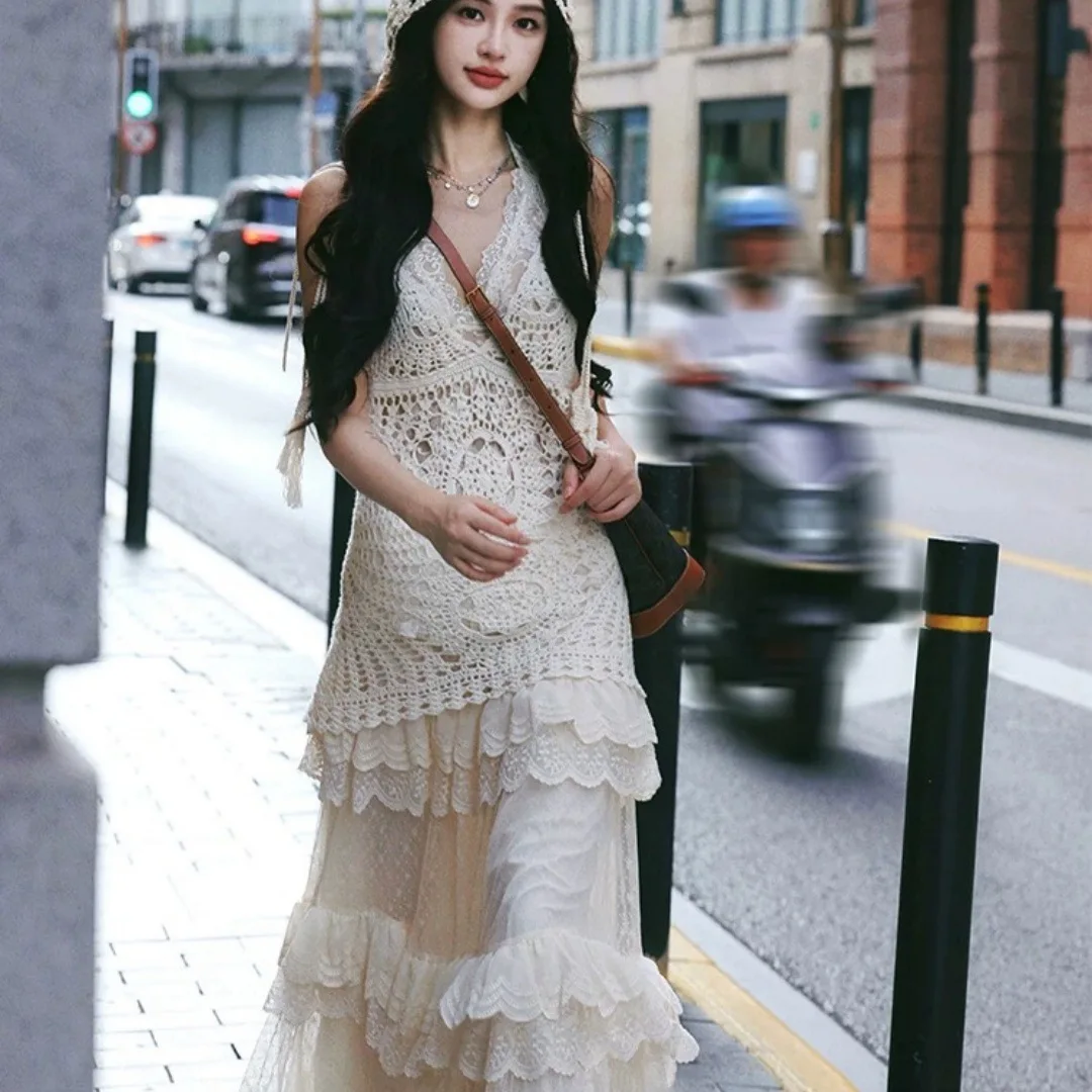 

2026 New Summer Women's 2 Piece Outfits Lace Cami Top & Hollow Knit Cardigan With High Waist Slim Skirt Vacation Style