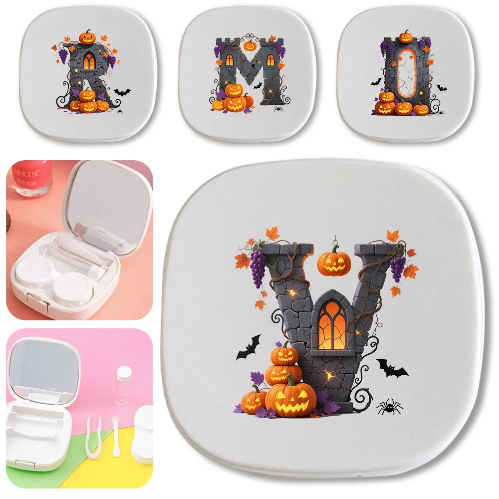 

Durable Contact Lens Organizer with Mirror Portable Dustproof Beauty Tool with Tweezers Wearing Stick Halloween Letters Pattern