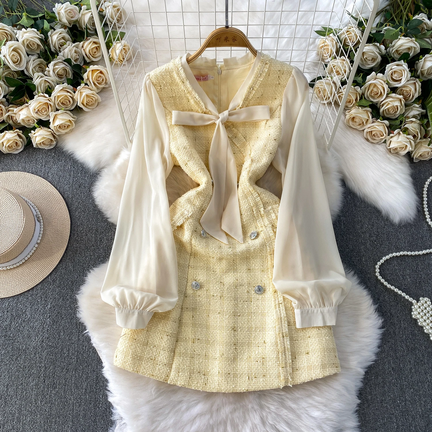 

Шикарное винтажное платье трапециевидной формы с длинными рукавами и бабочкой, элегантное сказочное корейское модное осеннее вечернее женское платье