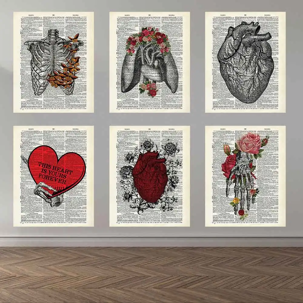 

Retro Hand Print Butterflies Dictionary Poster Anatomical Heart Butterfly Wings Canvas Painting Healthcare Wall Art Room Decor