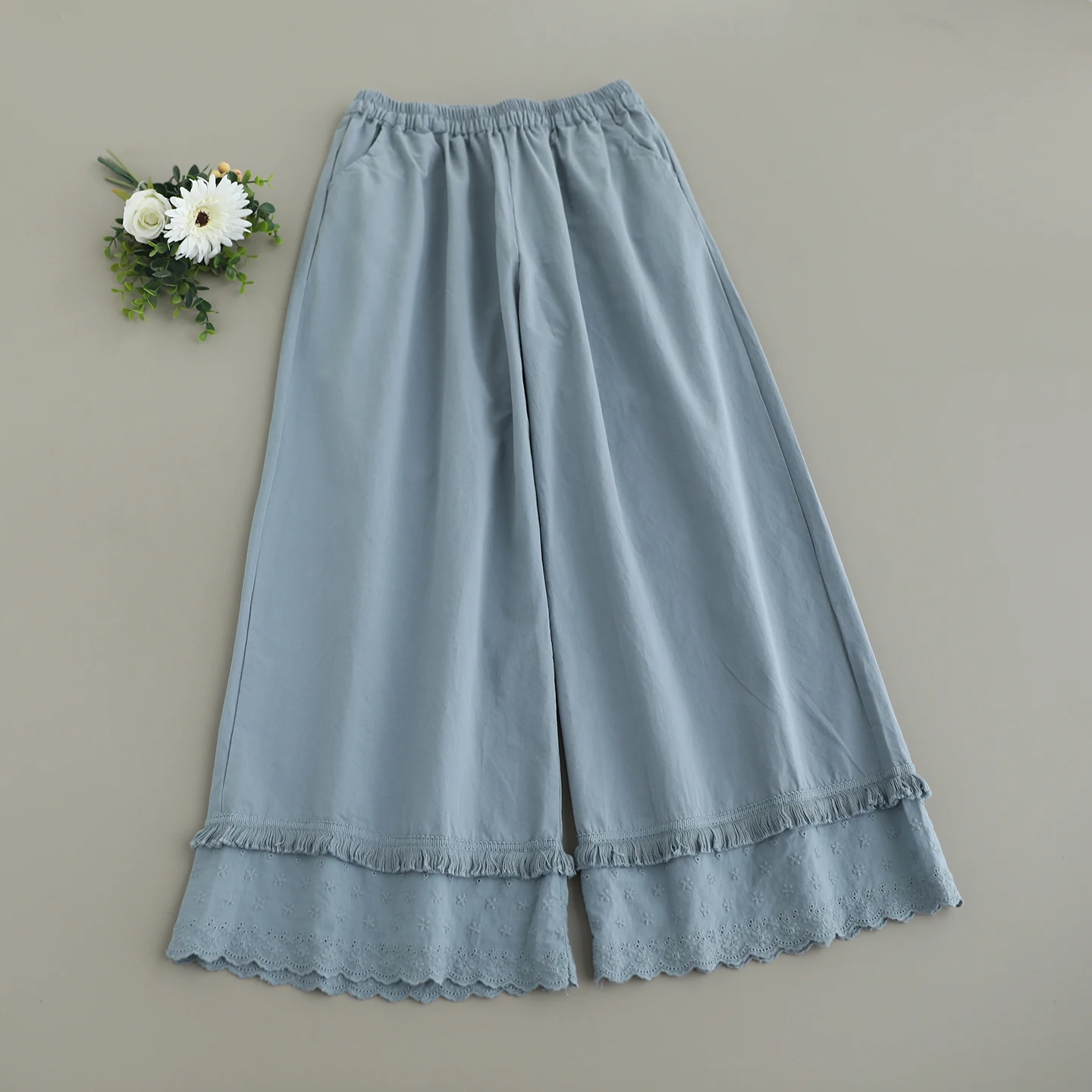 Japanese Sweet Mori Girl Solid Color Embroidery Hem Wide Leg Pants Women Summer Elastic Waist Casual Loose Cotton Straight Pants