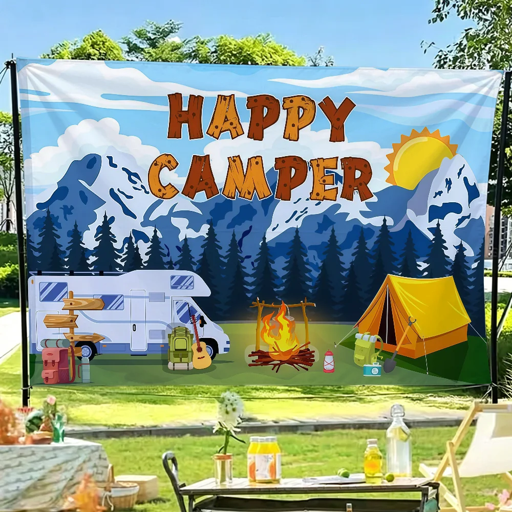 HOT COOL Happy Camper flag Tapestries Outdoor Parties Bedrooms Living Rooms Dorm Rooms Wall Decor Banners Gifts
