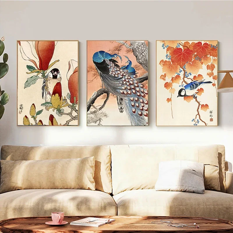 Multiple sizes 1pc frameless Canvas Painting,Vintage Style Japanese Bird Peacock Fujiyama Posters and Prints Canvas Paintings Re