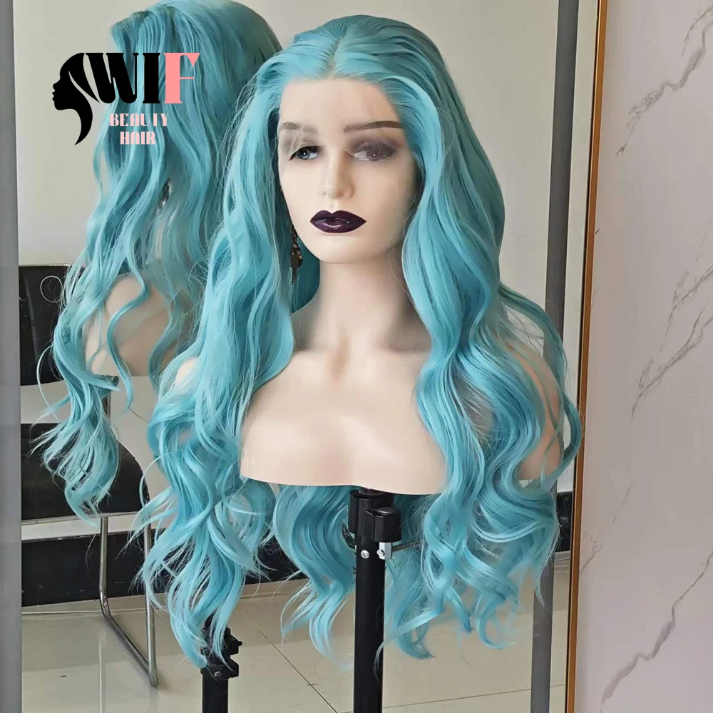 WIF Lake Blue Color Body Wave Synthetic Lace Wig Long Wavy Blue Hair Women Cosplay Use Heat Fiber Lace Front Wigs