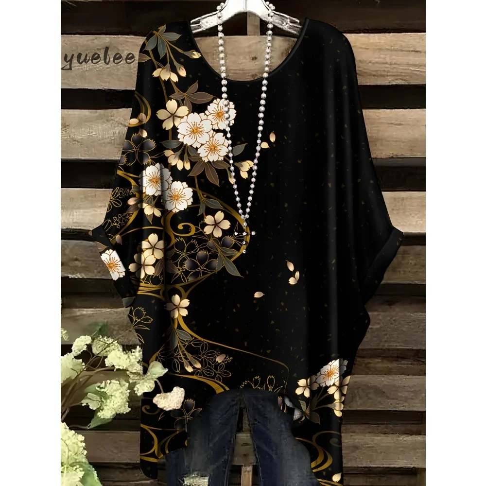 

Летняя женская одежда 2026, темно-синяя и белая футболка с цветочным принтом, элегантный универсальный дизайн, женская футболка с круглым вырезом и коротким рукавом Y2k