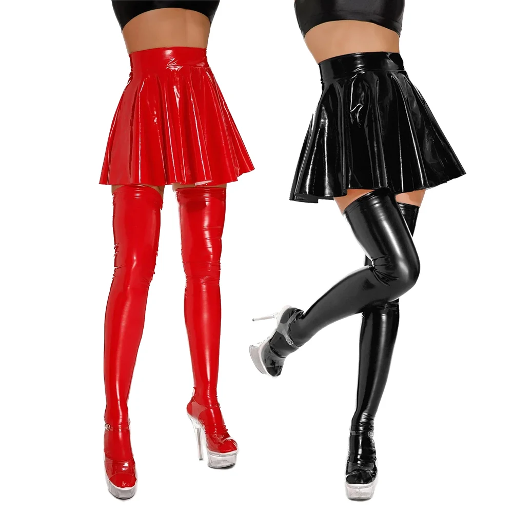 Womens Sexy Shiny PVC Leather Miniskirts High Waist Flared Pleated Latex A-Line Circle Skirt Clubwear Latex Mini Short Skirt