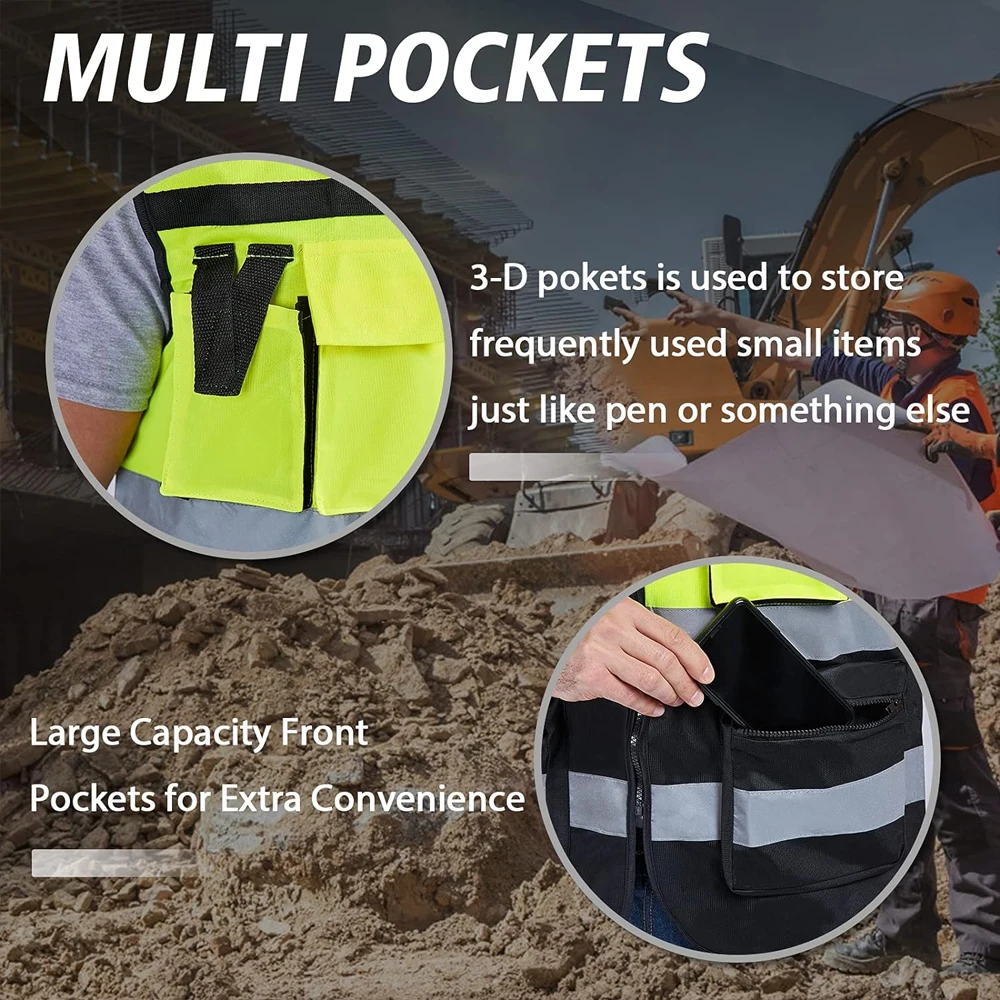 Colete de segurança reflexivo construir local workwear alta visibilidade homem roupas de trabalho com bolsos zíper frente roupas de segurança