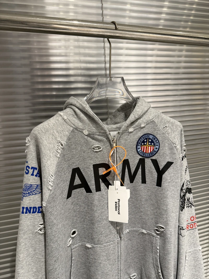Splice Hole Damaged ARMY Protocol Index Embroidery Badge Zipper Hoodie Jacket Men Women Washed Distressed Terry Loose Pullovers