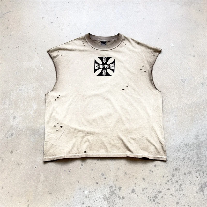 

Мужская и женская непринужденная винтажная потертая абрикосовая футболка без рукавов с потертыми отверстиями и принтом, футболка Choppers West Coast