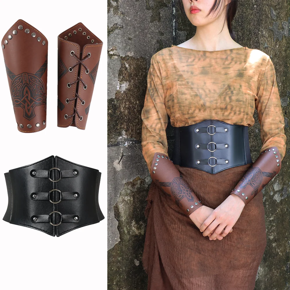 3PCS Medieval Knights Style Pu Leather Wristband Viking Style Wide Waist Belt Renaissance Roleplay Retro Accessory