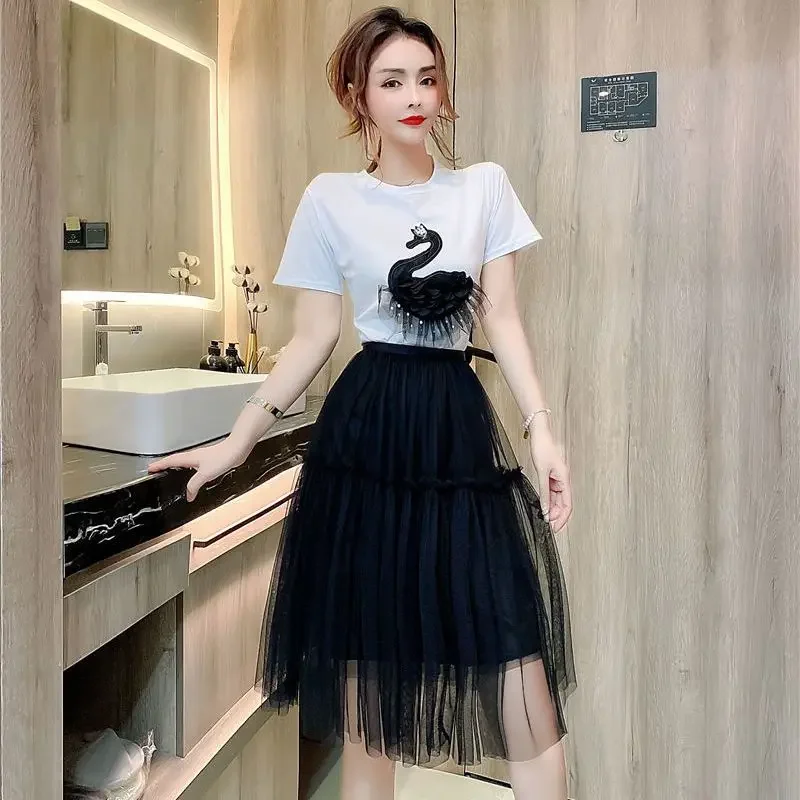 2 Pieces Sets For Women Beach Skirt Kawaii Short Sleeve Vintage Korean Style Promotion Clothing Trend 2024 Luxury Woman Outfit