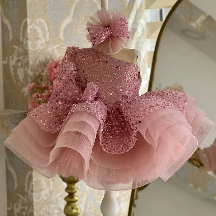 

Girl's sequin long sleeved princess dress new single shoulder bow puffy cake dress carnival birthday party performance costume
