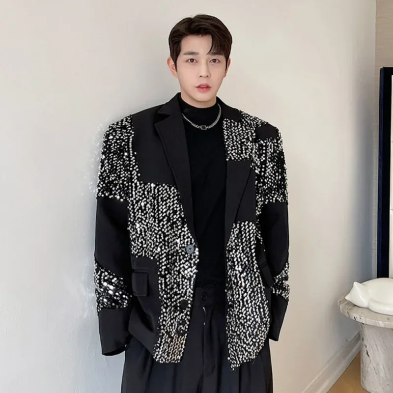 Luxury Sequins Decoration Suit Coat New Turndown Necklong Sleeve Men's Personality Design Korean Loose Fashion 9A1927