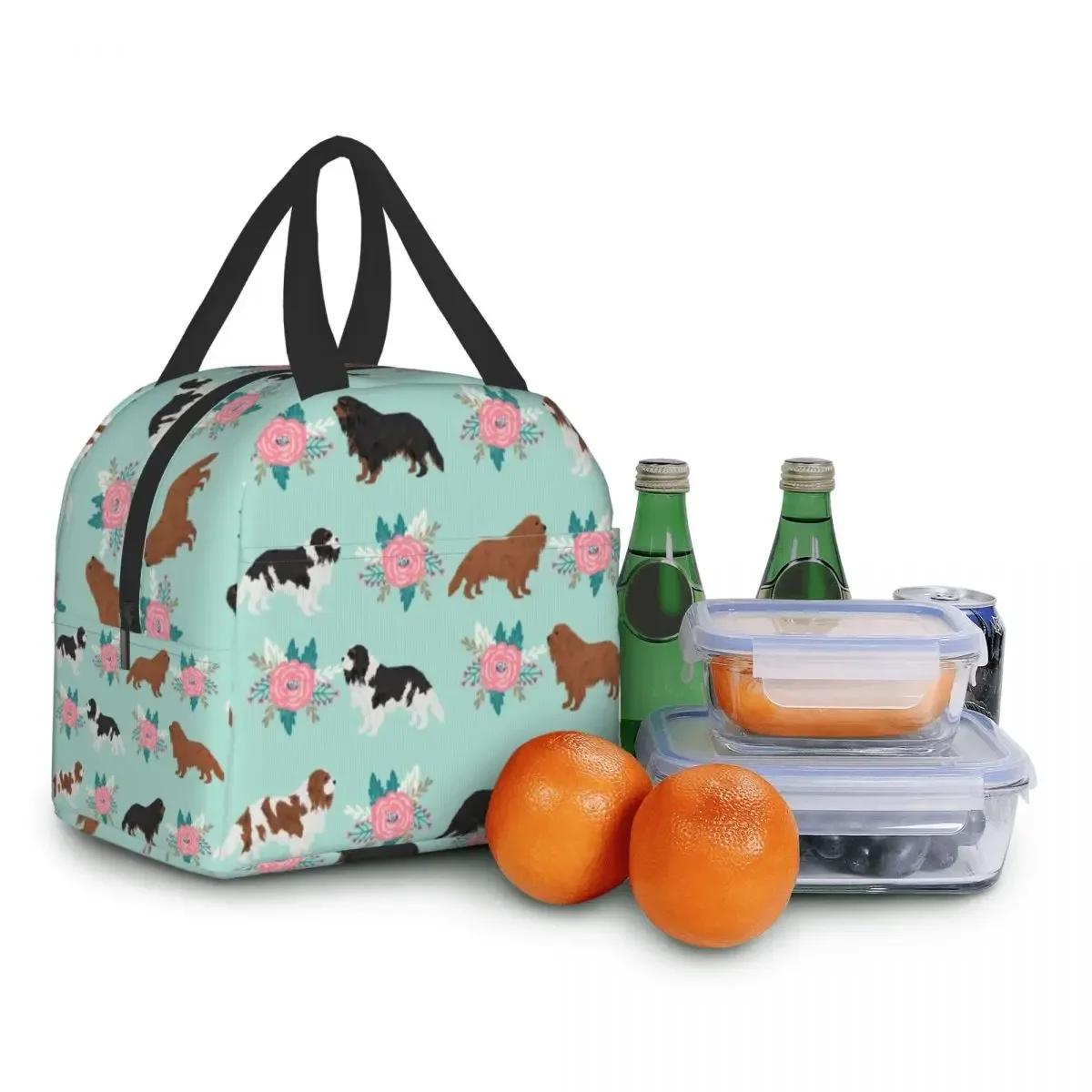Custom The Cavalier King Charles Spaniel With Flowers Lunch Bag Men Women Warm Cooler Insulated Lunch Box Kids School Children