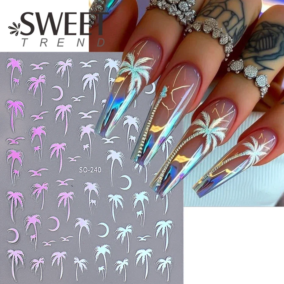 3D Nail Art Decals Geometric Lines Coconut Tree Palms Leaves Flowers Self-Adhesive Sliders Nail Stickers DIY Manicure Decoration