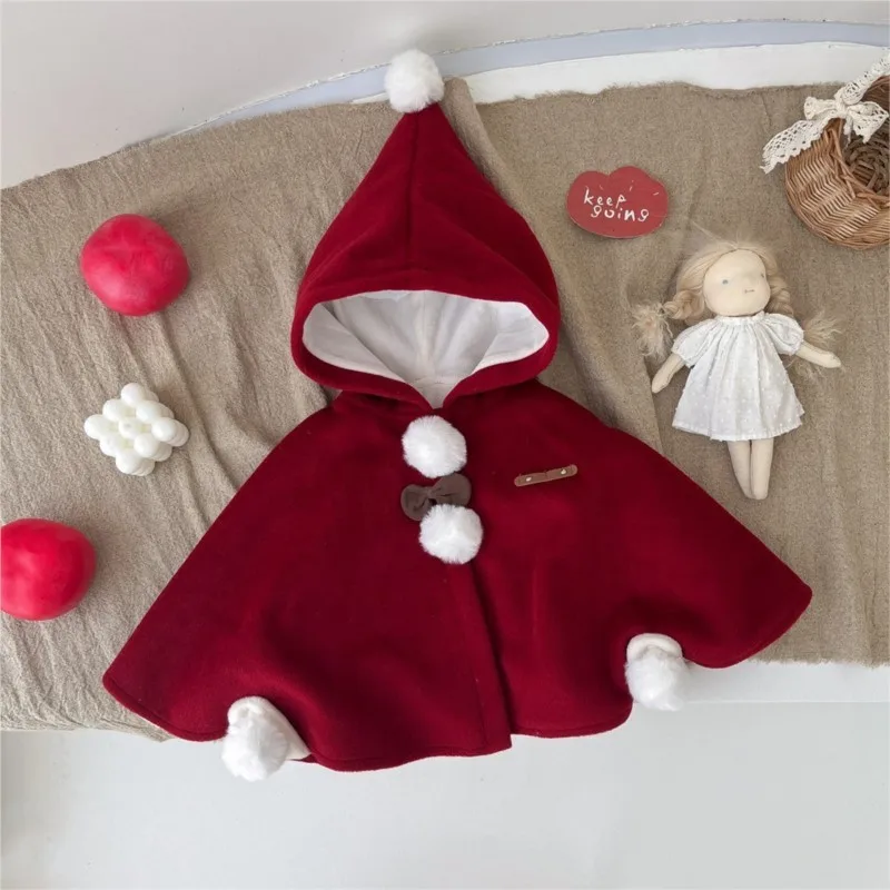 Newborn Baby Girl Christmas Hooded Fleece Inside Cape Coat Infant Toddler Fluff Bow Warm Princess Cloak Winter Baby Clothes 0-2Y