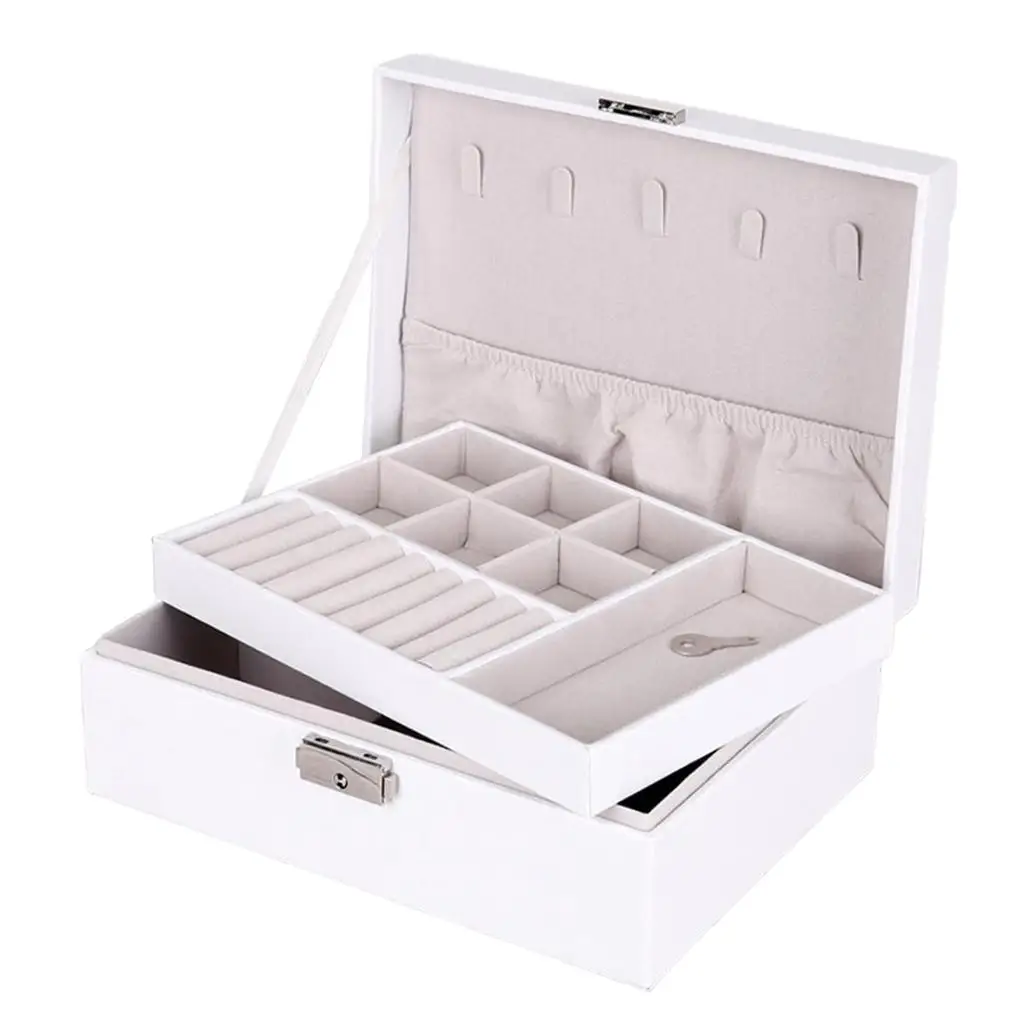 Jewelry Box Organizer Display Dual Layer Case for Rings Necklace White