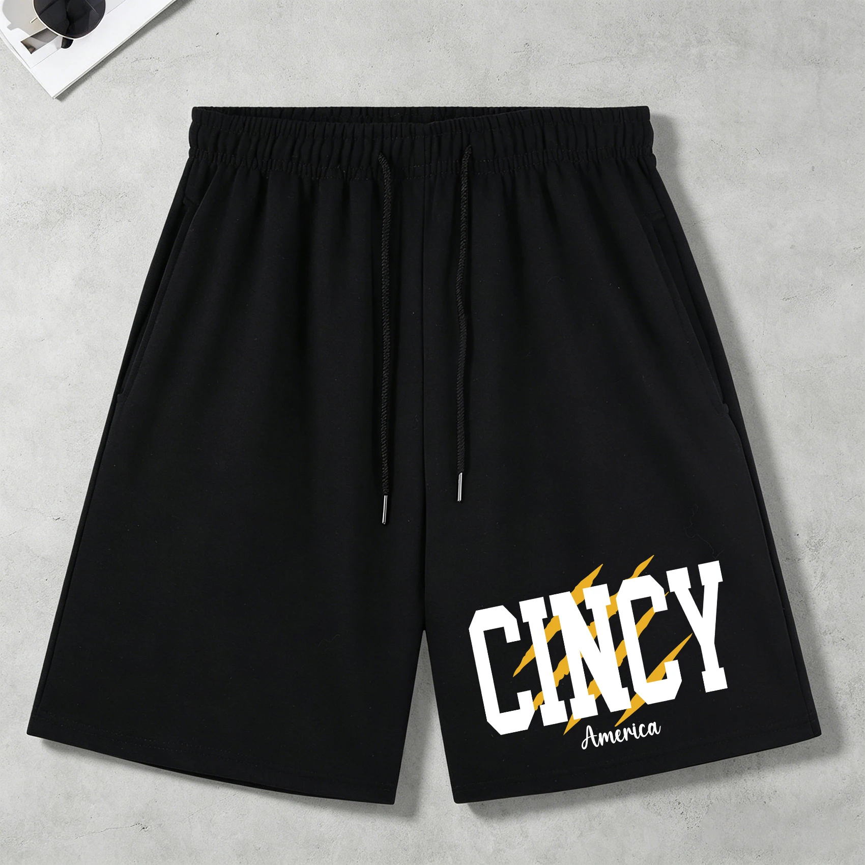 Cincy America Freedom Printing Mens Street Shorts Summer Pants Fashion Pocket Wide-Leg Pant Unisex Black Drawstring Sportwear