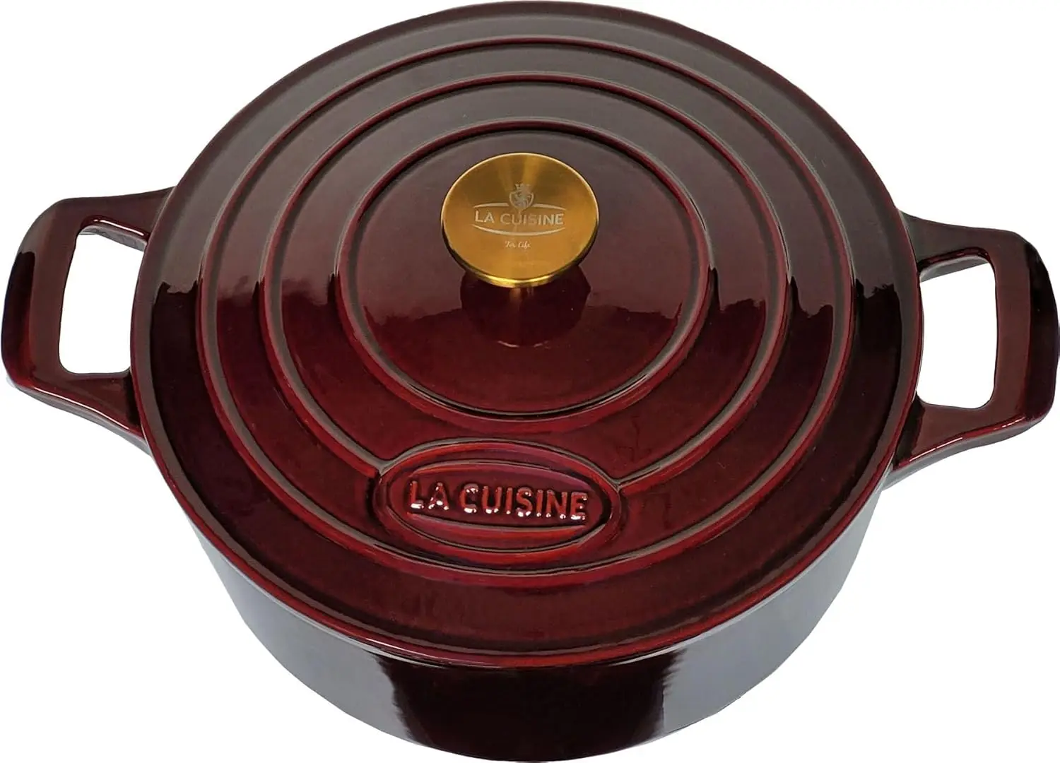 

5 QT Enameled Cast Iron Dutch Oven, 26cm, Matt Black Interior, Gold-Plated Lid Handle, Oven Safe to 500°F, Cranberry