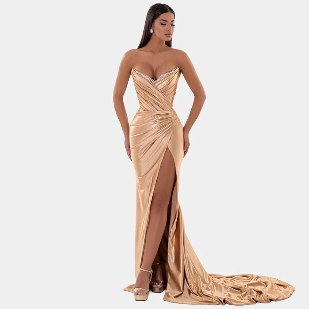 

Exquisite Special Occasion Dresses Satin Sheath/Column Valentine's Day Dress Champagne Sweetheart Crystals Pleat Prom Gown Long