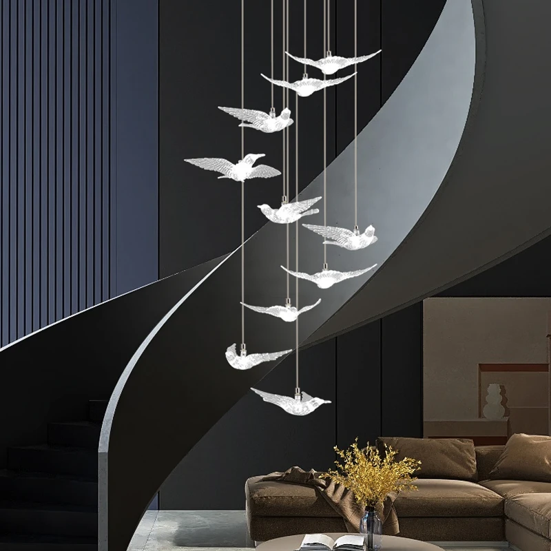 Led Moderne Kroonluchter Designer Vogelvormige Woonkamer Lamp Hangend Touw Penthouse Lamp Showroom Lobby Trap Hanglamp