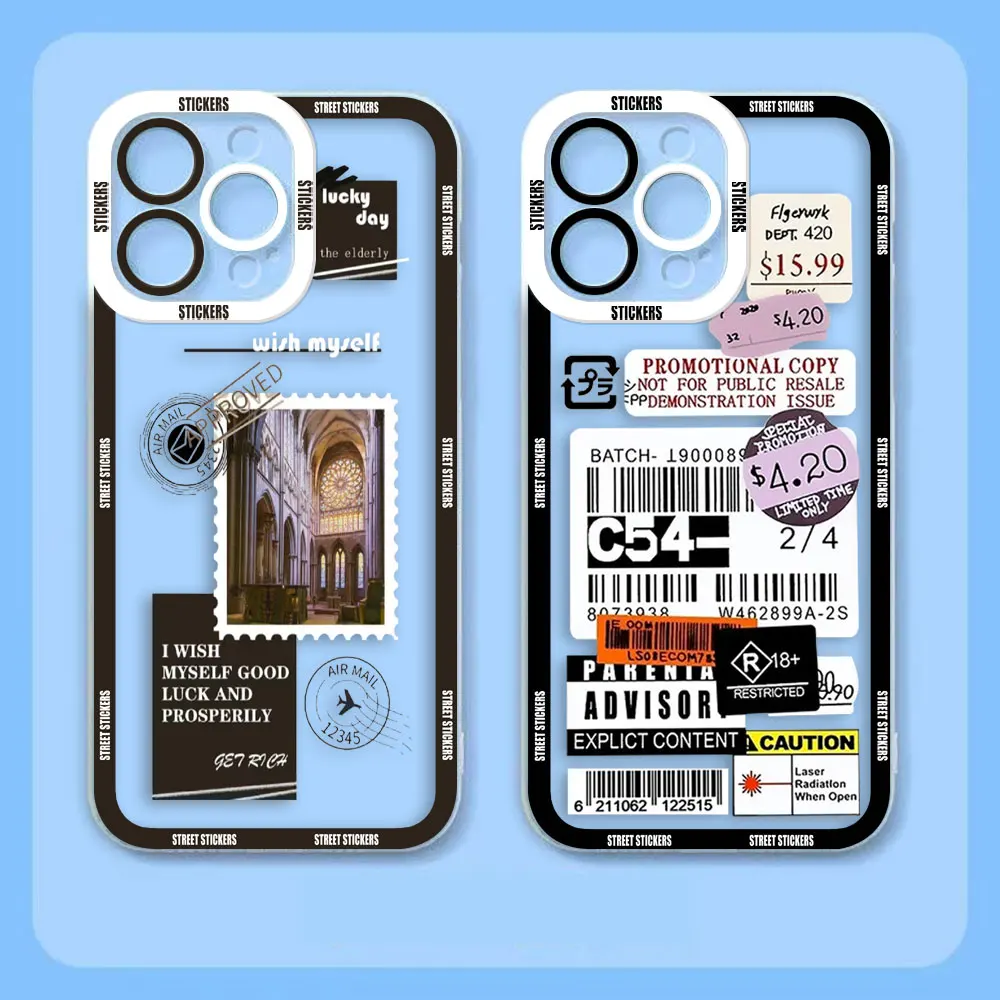 Label Barcode Sticker Stamp Ticket Angel Eyes Clear Silicone Phone Case For iPhone Apple 15 14 12 13 11 16 8 7 SE X XR XS Case