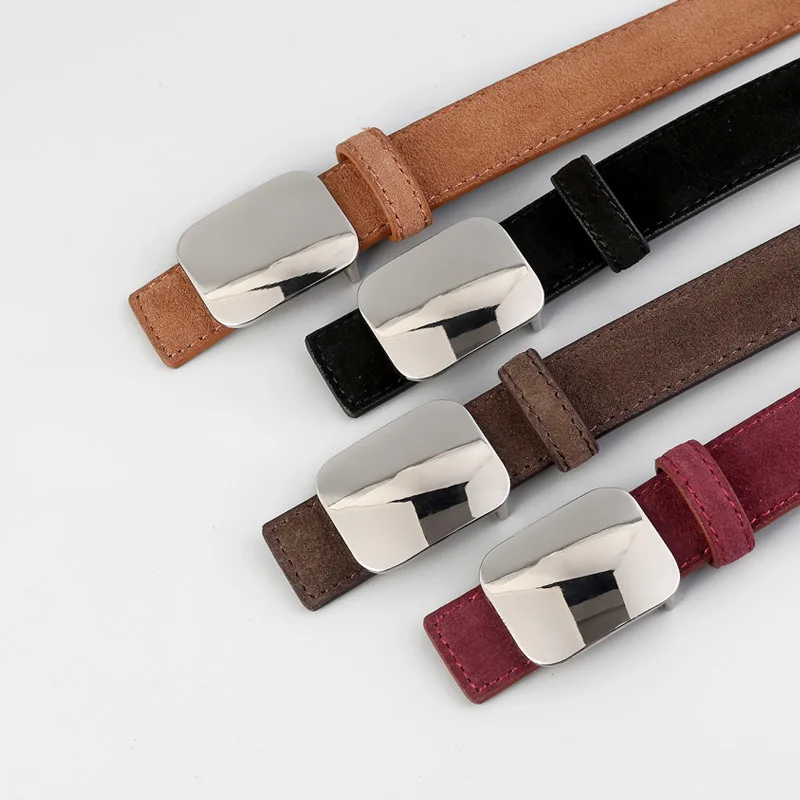 Luxury Design Metal Mirror Buckle Jeans Strap Belts Real Leather Suede Vintage Waist Belts Coffee Brown Cowskin Cinturon Mujer