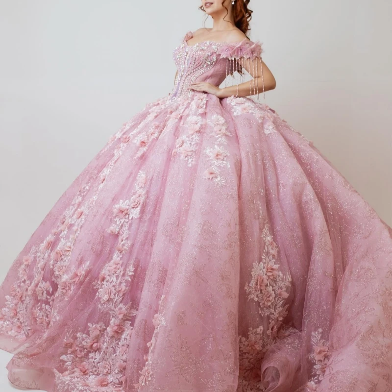 

Розовые блестящие платья Quinceanera с открытыми плечами, аппликация, цветок, бисер, кристалл, тюль, вечерние, день рождения, милое платье 16, Vestidos 15