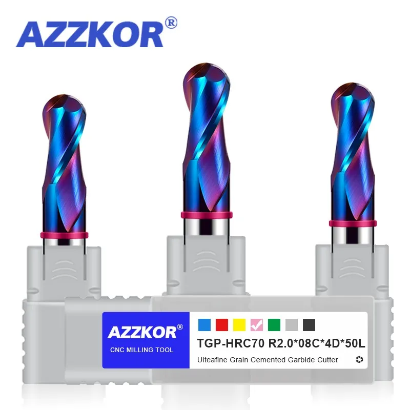 AZZKOR TGP-HRC70 2F Endmills Color-Ring Blue Nano Coating Tungsten Steel Carbide Ball End Milling Cutter For CNC Mechanical