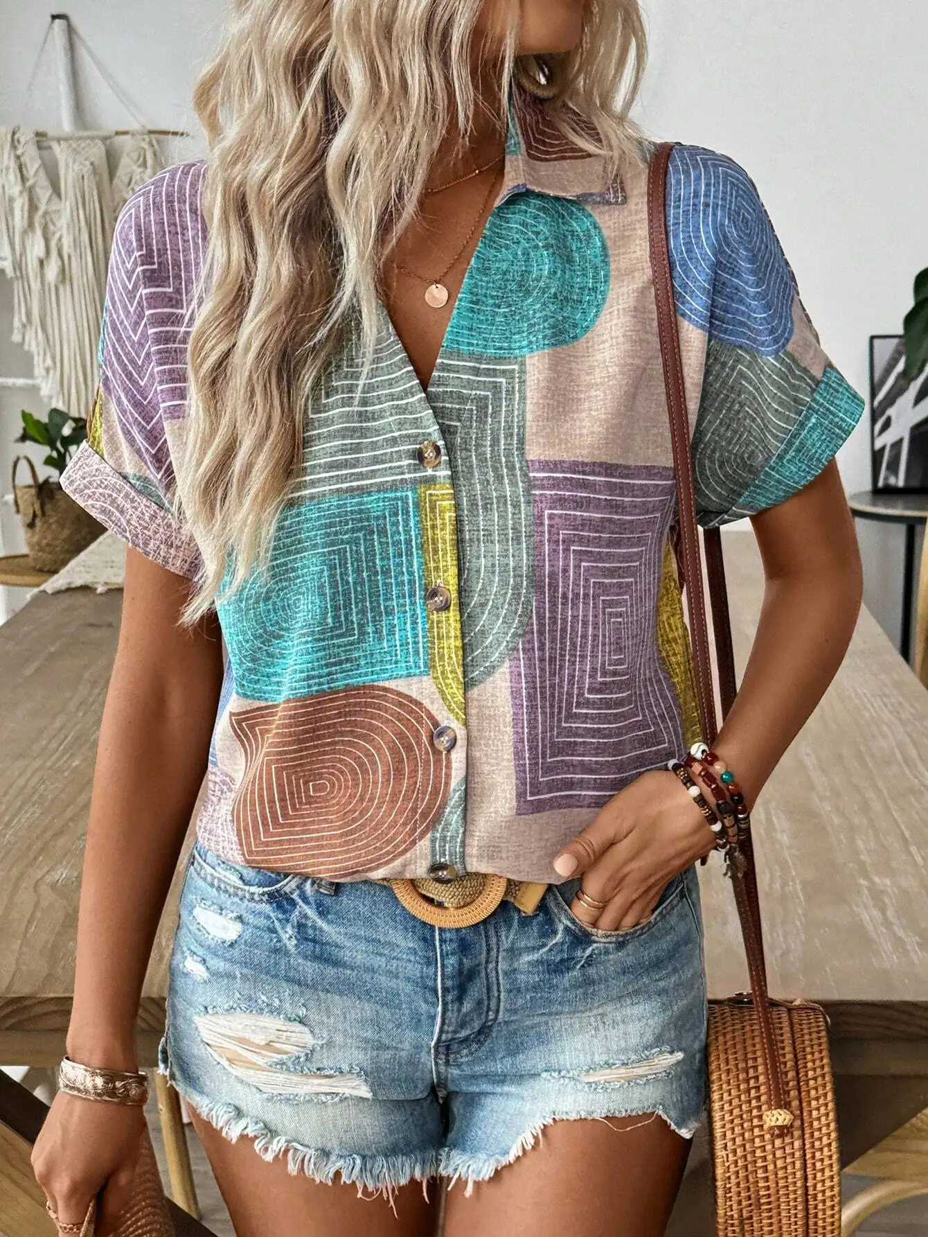 

Casual Short Sleeve Shirt With Geometric Print Lapel Collar For Summer