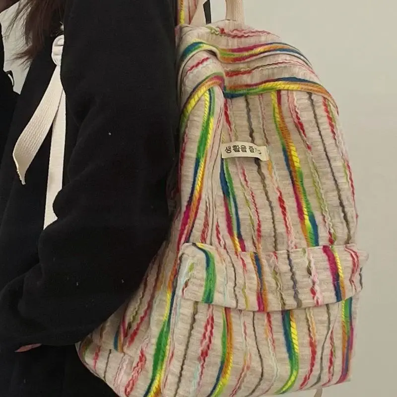 Casual Commuting Striped Original Niche Rainbow Stripe Backpack Japanese Versatile Book Bag for Female Students