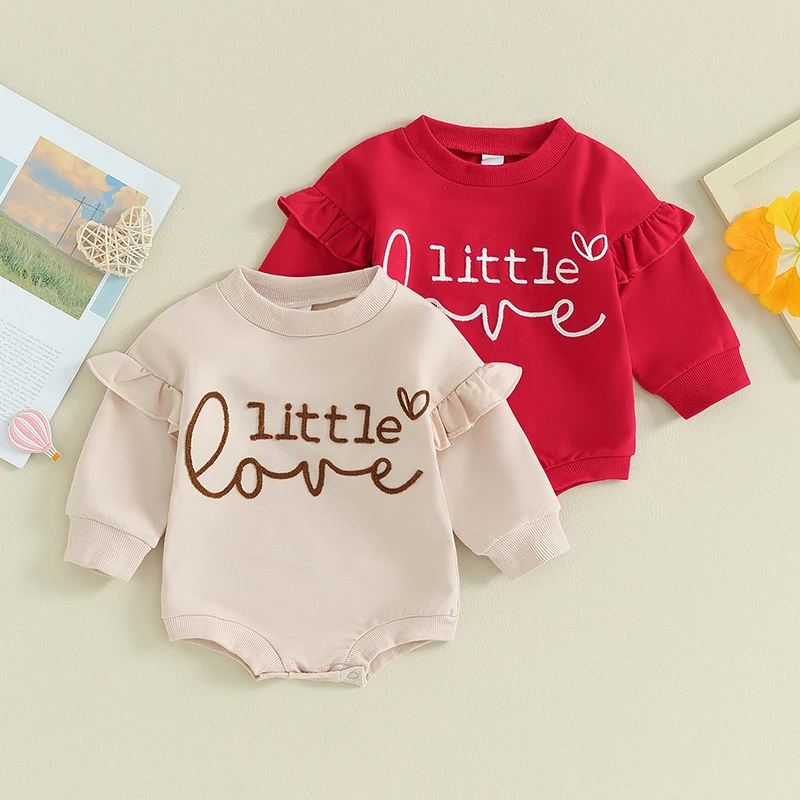 

0-18Months Baby Girls Rompers Long Sleeve Crew Neck Embroidery Letters Spring Fall Bodysuit Newborn Valentines Day Clothes