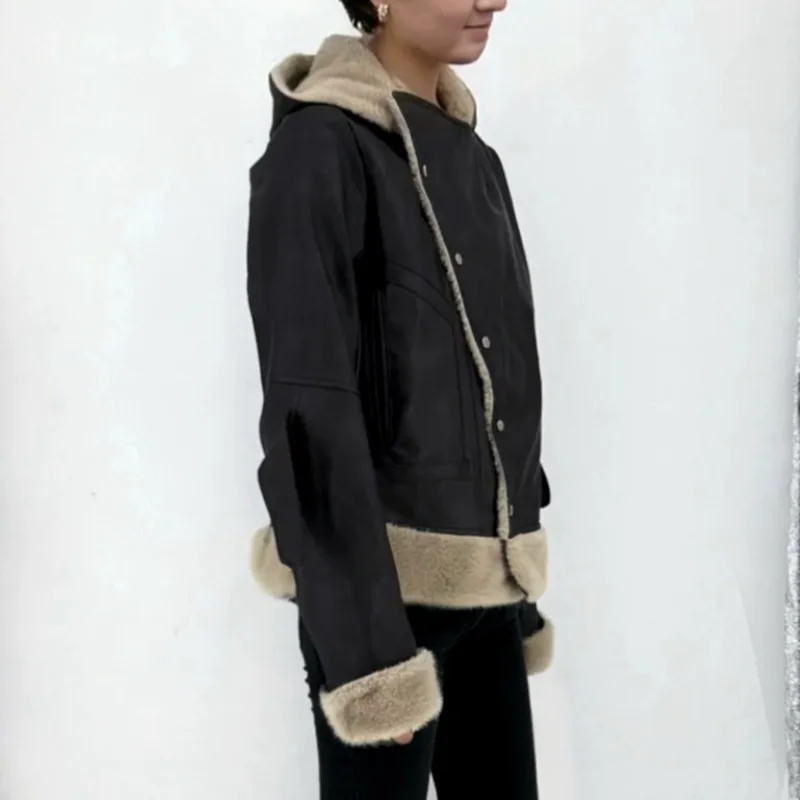 HKSH شتاء جديد إمرأة معطف دافئ مقنعين واحدة الصدر بولي Leather الجلود المرقعة فو الفراء غير المتماثلة الشارع الشهير سترات سميكة HK15950